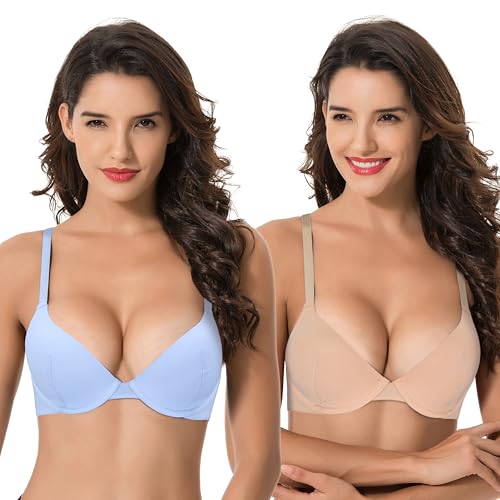 Curve Muse Damen Plus Size Add 1 Cup Push Up Perfekte Form Bügel T-Shirt BH, Blau, Hautfarben (2er-Pack), 90D von Curve Muse