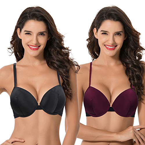 Curve Muse Damen-BHs mit Push-up-Bügeln, Übergröße, 1 und eine halbe Körbchen, Burgunderrot, Schwarz (2er-Pack)., 90C von Curve Muse
