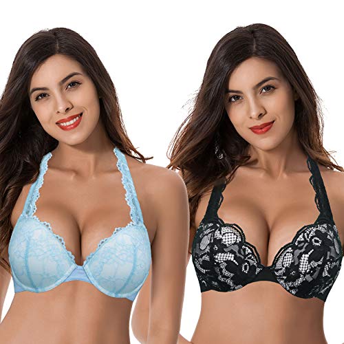 Curve Muse Damen-BHs mit Push-up-Bügeln, Übergröße, 1 und eine halbe Körbchen, Schwarz, Hellblau (2er-Pack)., 105C von Curve Muse