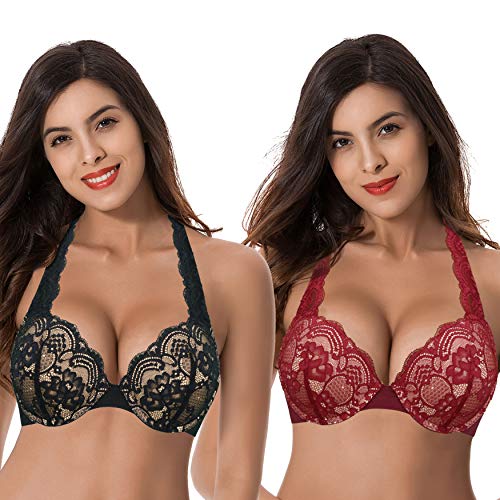 Curve Muse Damen Plus Size Add 1 and a Half Cup Push Up Bügel Lace Bras, Schwarz, Rot (2er-Pack)., 95B von Curve Muse