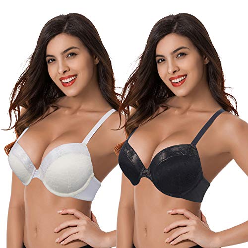 Curve Muse Damen-BHs in Übergröße, 1 und eine halbe Körbchen, Push-Up-Bügel-Spitzen-BHs, Schwarz, cremefarben, 2 Stück, 95B von Curve Muse