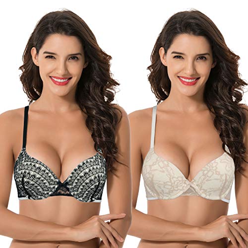 Curve Muse Damen Plus Size Perfekte Form Hinzufügen 1 Tasse Push Up Bügel Spitze BHs, Schwarz, Nude, 2 Stück, 90C von Curve Muse