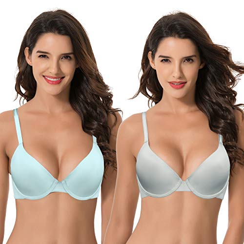 Curve Muse Damen Plus Size Push Up Add 1 Cup Bügel Neckholder Front Close BHS, Hellblau, Grau (2 Stück), 95C von Curve Muse