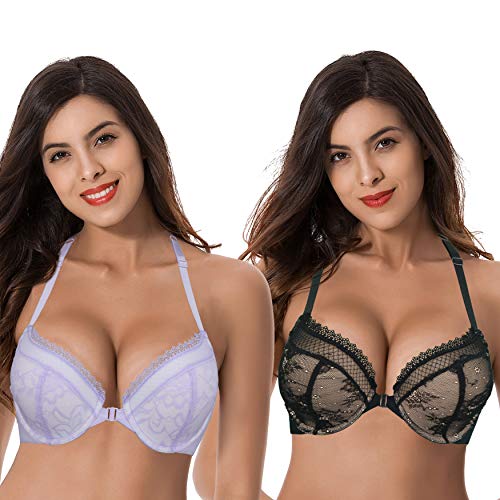 Curve Muse Damen Plus Size Push Up Add 1 Cup Bügel Neckholder Front Close BHS, Schwarz, Lavendel (2 Stück), 95B von Curve Muse