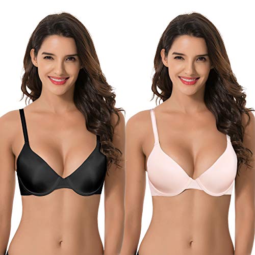 Curve Muse Damen Plus Size Push Up Add 1 Cup Bügel Neckholder Front Close BHS, Schwarz, Rosa (2 Stück), 90D von Curve Muse