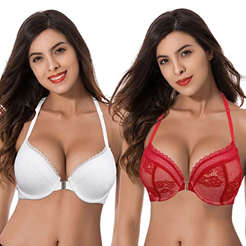 Curve Muse Damen Plus Size Push Up Add 1 Cup Bügel Neckholder Front Close BHs, Rot, Weiß (2er-Pack), 105B von Curve Muse