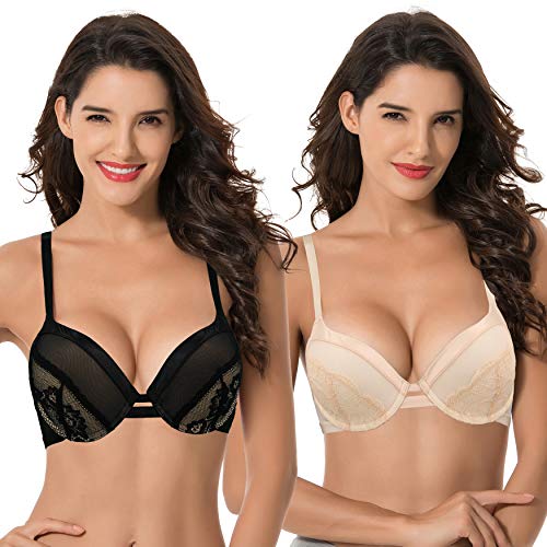 Curve Muse Damen Plus Size Push Up Add 1 Cup Bügel Perfekte Form Spitze BH, Pfirsichfarben, Schwarz, 2 Stück, 105E von Curve Muse