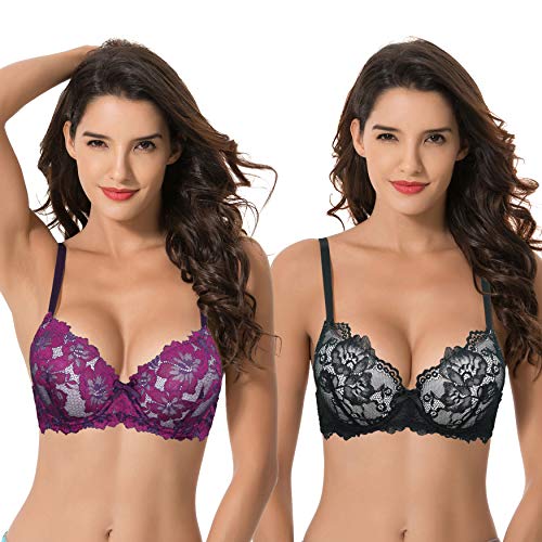 Curve Muse Damen Plus Size Push Up Add 1 Cup Bügel Perfekte Form Spitze BH, Schwarz, Fuchsia (2 Stück), 100B von Curve Muse