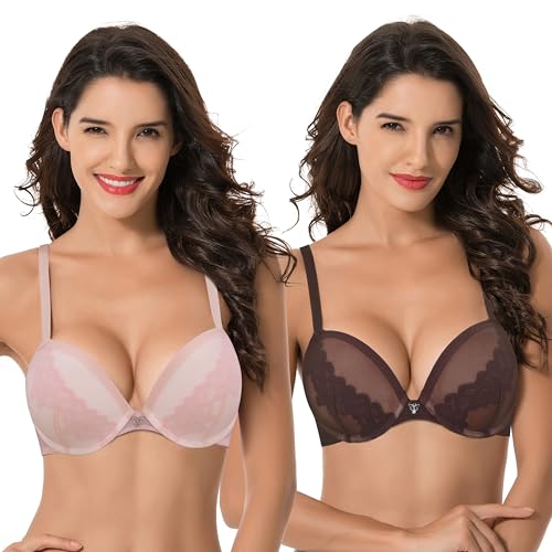 Curve Muse Damen Plus Size Push Up Add 1 and a Half Cup Bügel Mesh BH, Hellrosa, Braun (2er-Pack), 105E von Curve Muse