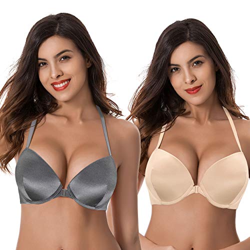 Curve Muse Damen Push-Up-BHs mit 1 und einer halben Körbchen, Bügel-Halfter vorne geschlossen, Grau, Hautfarben (2er-Pack)., 100B von Curve Muse