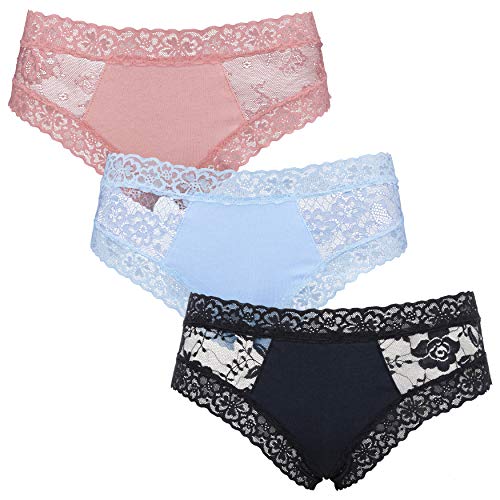 Curve Muse Damen Spitze Bikini Hipster Höschen Unterwäsche-3er Pack-Blau,Schawrz,Rosa-36/38 von Curve Muse