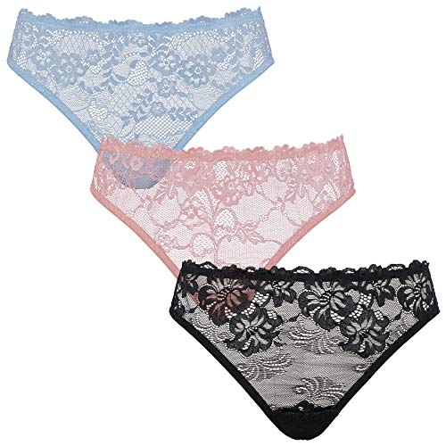 Curve Muse Damen Spitze Bikini Hipster Höschen Unterwäsche-3er Pack-Rosa,Blau,Schawrz-36/38 von Curve Muse