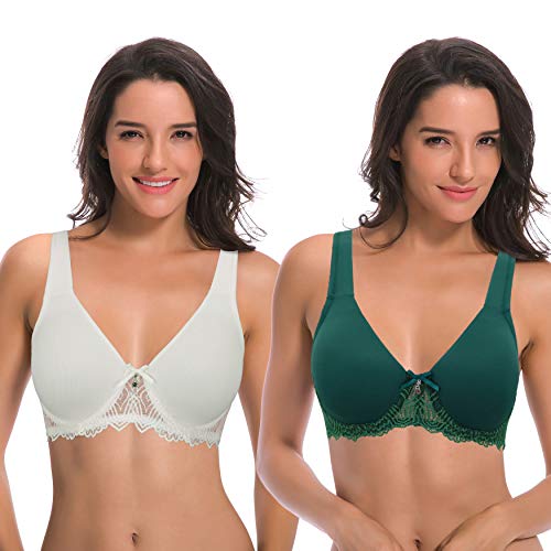 Curve Muse Damen Spitzen-BH in Übergröße, ungefüttert, mit gepolsterten Trägern, 2 Stück, Cremefarben, Dunkelgrün (2er-Pack)., 80D von Curve Muse