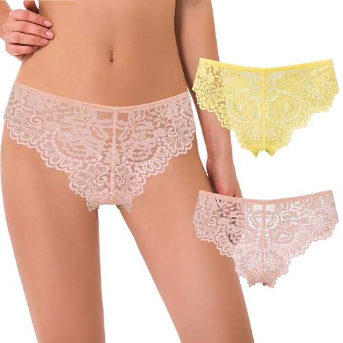Curve Muse Damen Tanga Strings Hipster Unterwäsche Blumenspitze Slips-2er Pack-Gelb,Rosa-M von Curve Muse