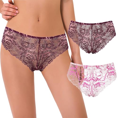 Curve Muse Damen Tanga Strings Hipster Unterwäsche Blumenspitze Slips-2er Pack-Limette Sahne/Heiß Rosa,Mauve/Rosgold-M von Curve Muse