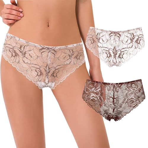 Curve Muse Damen Tanga Strings Hipster Unterwäsche Blumenspitze Slips-2er Pack-Sahne/Braun,Braun/Rosgold-XXL von Curve Muse