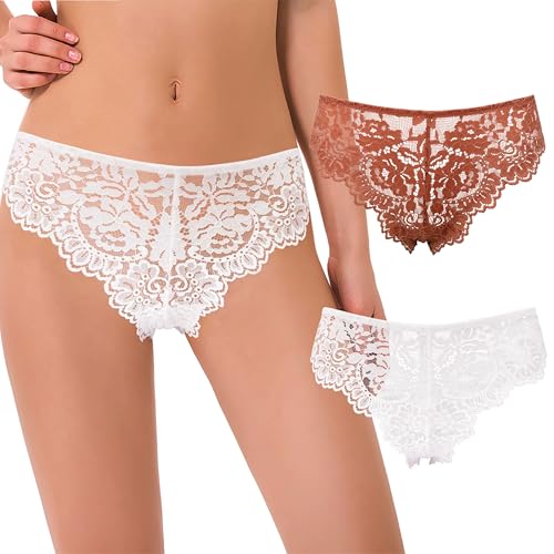 Curve Muse Damen Tanga Strings Hipster Unterwäsche Blumenspitze Slips-2er Pack-Sahne,Rost-M von Curve Muse