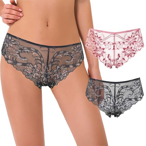 Curve Muse Damen Tanga Strings Hipster Unterwäsche Blumenspitze Slips-2er Pack-Weiss/Rot,Schawarz/Grau-XXL von Curve Muse