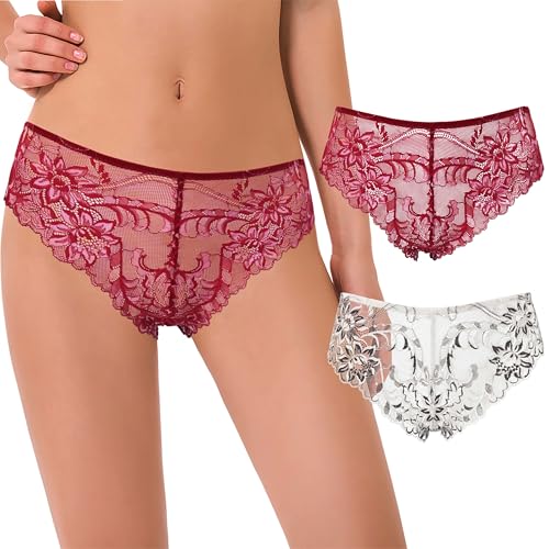 Curve Muse Damen Tanga Strings Hipster Unterwäsche Blumenspitze Slips-2er Pack-Weiss/Schawarz,Rot/Weiss-XXL-V2 von Curve Muse