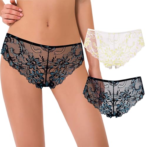 Curve Muse Damen Tanga Thongs Hipsters Unterwäsche Floral Lace Panties 2er Pack, Schwarz/Blau, Weiß/Gelb (2er-Pack), L von Curve Muse