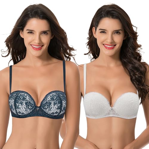 Curve Muse Damen Übergröße +1 Körbchengröße Push-Up Perfekte Form Bügel Spitzen-BH-2er Pack-Deep Green,Cream-100C von Curve Muse