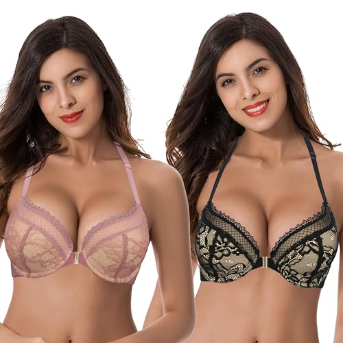 Curve Muse Damen Übergröße 1 Tasse hinzufügen Hochdrücken Bügel Halfter vorne schließen BHs-2er Pack-Red Cinnabar,Black-110C von Curve Muse