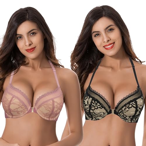 Curve Muse Damen Übergröße 1 Tasse hinzufügen Hochdrücken Bügel Halfter vorne schließen BHs-2er Pack-Schwarz, Roter Zinnober-75C von Curve Muse