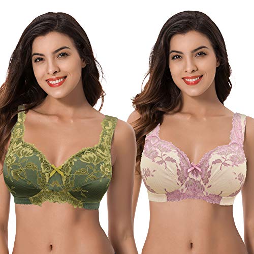 Curve Muse Damen Übergröße Minimizer Ungefüttert Kabellos Spitze Vollständige Abdeckung BHS-Tiefes Flechtengrün,Nackt-80F von Curve Muse