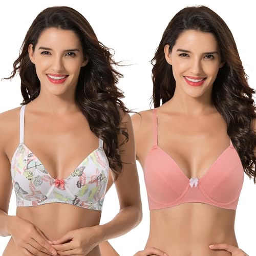 Curve Muse Damen Übergröße Baumwolle Ungefüttert Balconette Bügel-BHs-2er Pack-Cream/Coral/Yellow,Coral-100C von Curve Muse