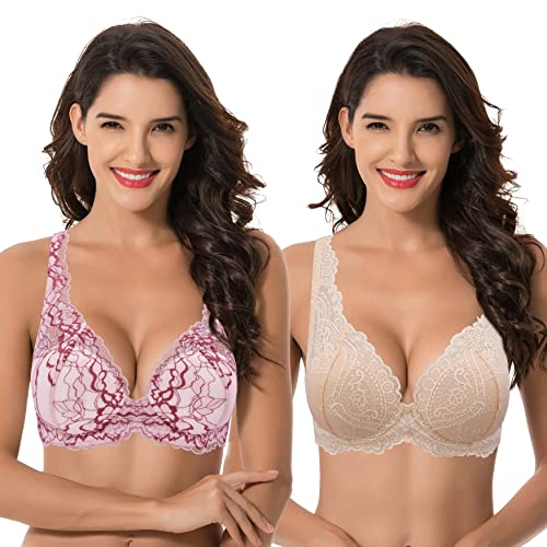 Curve Muse Damen Übergröße Bügel 1+ Cup hinzufügen Push-up Mesh Spitzen-BH-2er Pack-Pink,Sand-100B von Curve Muse