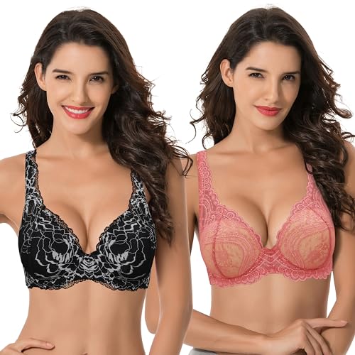 Curve Muse Damen Übergröße Bügel 1+ Cup hinzufügen Push-up Mesh Spitzen-BH-2er Pack-Pom Pien Red,Black-110B von Curve Muse