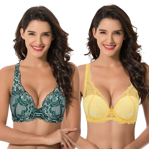 Curve Muse Damen Übergröße Bügel 1+ Cup hinzufügen Push-up Mesh Spitzen-BH-2er Pack-Teal,Mimosa-105C von Curve Muse