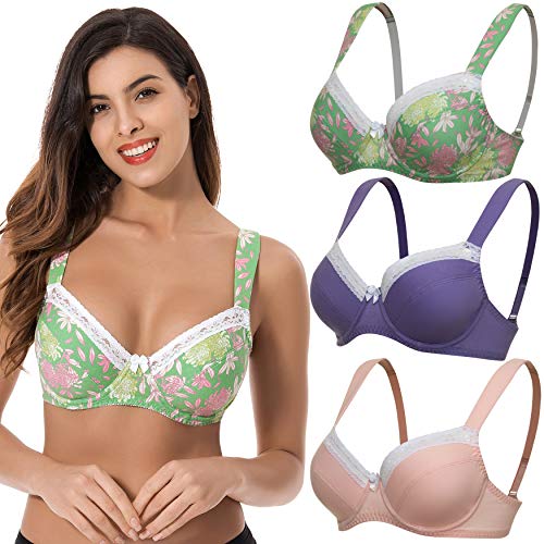 Curve Muse Damen Übergröße Bügel Ungefütterte Balconette Baumwoll-BH - 3er Pack-Pack-Lt Rosa, Lila, Grün Drucken-100B von Curve Muse