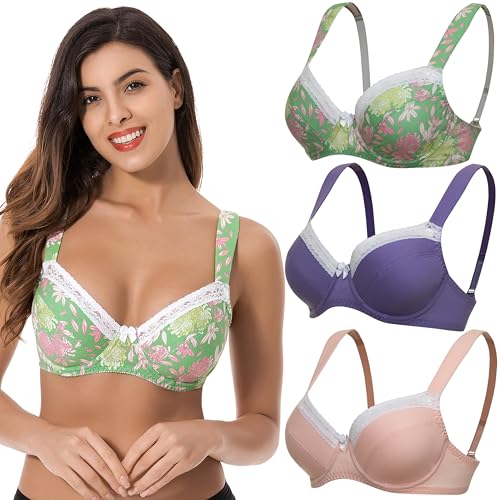 Curve Muse Damen Übergröße Bügel Ungefütterte Balconette Baumwoll-BH - 3er Pack-Pack-Lt Rosa, Lila, Grün Drucken-85F von Curve Muse