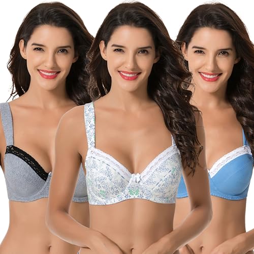 Curve Muse Damen Übergröße Bügel Ungefütterte Balconette Baumwoll-BH - 3er Pack-Pack-Weißer Druck,Blau,Kühles Grau-105C von Curve Muse
