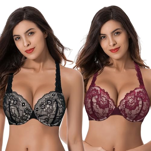 Curve Muse Damen Übergröße Fügen Sie 1 und eine halbe Tasse hinzu Hochdrücken Bügel Cabrio Spitzen-BHs-2er Pack-Schwarz,Burgund-110C von Curve Muse