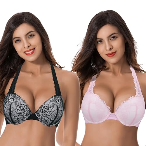 Curve Muse Damen Übergröße Fügen Sie 1 und eine halbe Tasse hinzu Hochdrücken Bügel Cabrio Spitzen-BHs-2er Pack-Schwarz,Rosa-70F-V2 von Curve Muse