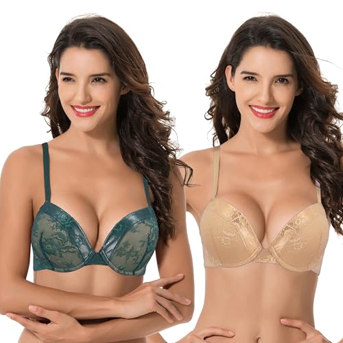 Curve Muse Damen Übergröße Fügen Sie 1 und eine halbe Tasse hinzu Hochdrücken Bügel Spitzen-BHS-Dk Grün,Nackt-85C von Curve Muse