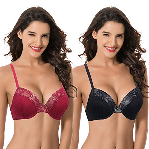 Curve Muse Damen Übergröße Fügen Sie 1 und eine halbe Tasse hinzu Hochdrücken Bügel Spitzen-BHS-Schwarz,Rot-105D von Curve Muse