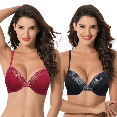 Curve Muse Damen Übergröße Fügen Sie 1 und eine halbe Tasse hinzu Hochdrücken Bügel Spitzen-BHS-Schwarz,Rot-80D von Curve Muse
