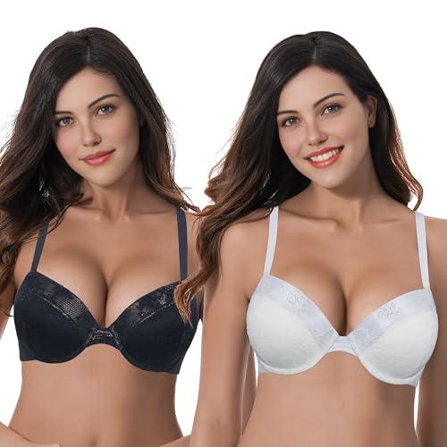 Curve Muse Damen Übergröße Fügen Sie 1 und eine halbe Tasse hinzu Hochdrücken Bügel Spitzen-BHS-Schwarz,Sahne-80F von Curve Muse