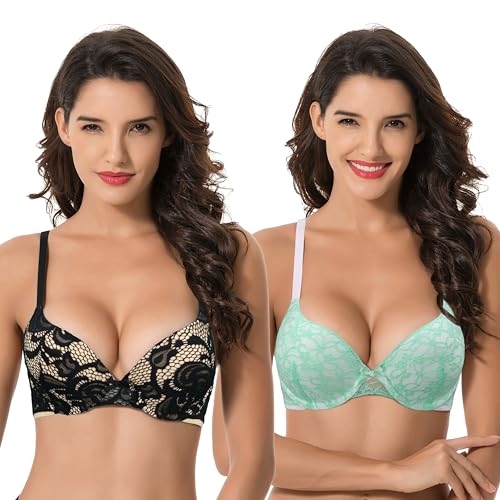 Curve Muse Damen Übergröße Hochdrücken 1 Tasse hinzufügen Bügel Perfekte Form Spitzen-BHs-2er Pack-Minze,Schwarz-100E von Curve Muse