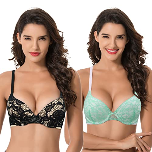 Curve Muse Damen Übergröße Hochdrücken 1 Tasse hinzufügen Bügel Perfekte Form Spitzen-BHs-2er Pack-Minze,Schwarz-75C von Curve Muse