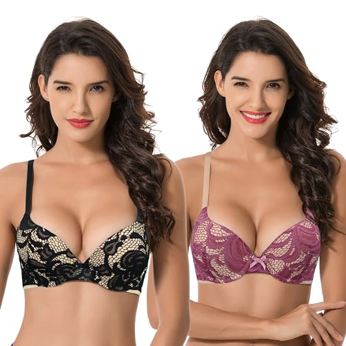 Curve Muse Damen Übergröße Hochdrücken 1 Tasse hinzufügen Bügel Perfekte Form Spitzen-BHs-2er Pack-Rose,Schwarz-100C von Curve Muse