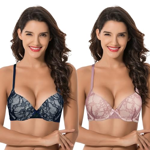 Curve Muse Damen Übergröße Hochdrücken 1 Tasse hinzufügen Bügel Perfekte Form Spitzen-BHs-2er Pack-Rot, Dunkelblau-80C von Curve Muse