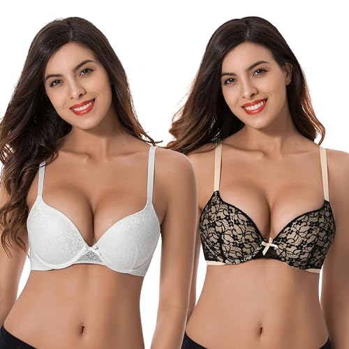 Curve Muse Damen Übergröße Hochdrücken 1 Tasse hinzufügen Bügel Perfekte Form Spitzen-BHs-2er Pack-White,Black-75C von Curve Muse