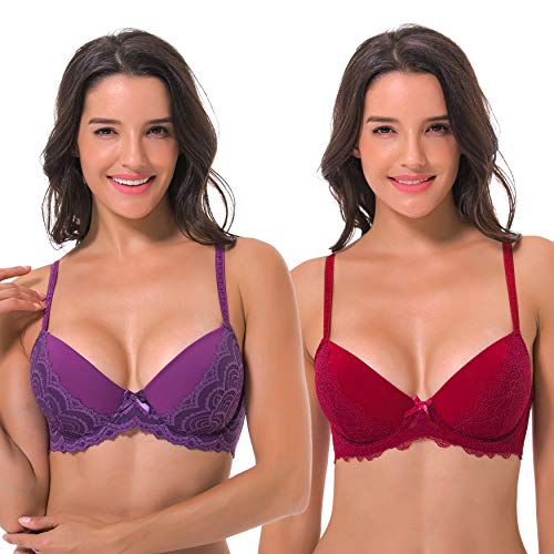 Curve Muse Damen Übergröße Leicht gepolstert Bügel Balconette BH - 2er Pack-Traube, Rumba Rot-75E von Curve Muse