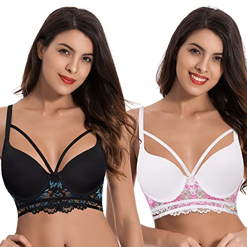 Curve Muse Damen Übergröße Leicht gepolstert Bügel Langer Spitzen-BH-2PK-Creme/Fuchsia,Schwarz/Blau-100D von Curve Muse