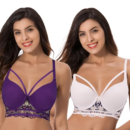 Curve Muse Damen Übergröße Leicht gepolstert Bügel Langer Spitzen-BH-2PK-Lila/Nackt,Nackt/Lila-100B von Curve Muse