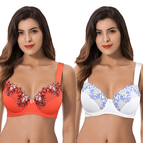 Curve Muse Damen Übergröße Minimizer Bügel Ungefütterte BHS mit Stickspitze - 2er Pack-Buttermilch, Kirschtomate-75F von Curve Muse